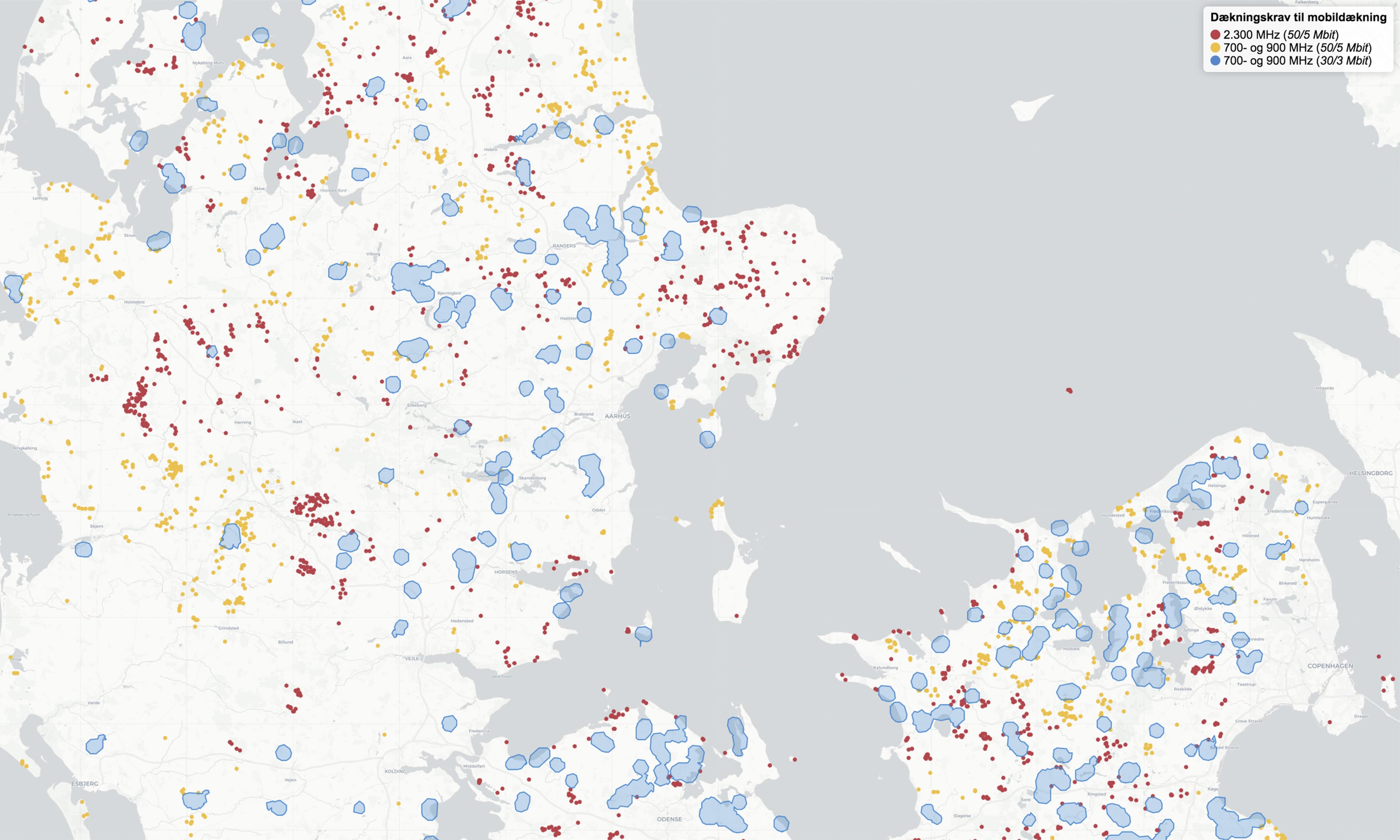 Her ses alle de husstande og områder, som er indbefattet af dækningskrav om leverance af mobilt bredbånd på minimum 50/5 eller 30/3 Mbit. Kilde: Energistyrelsen.