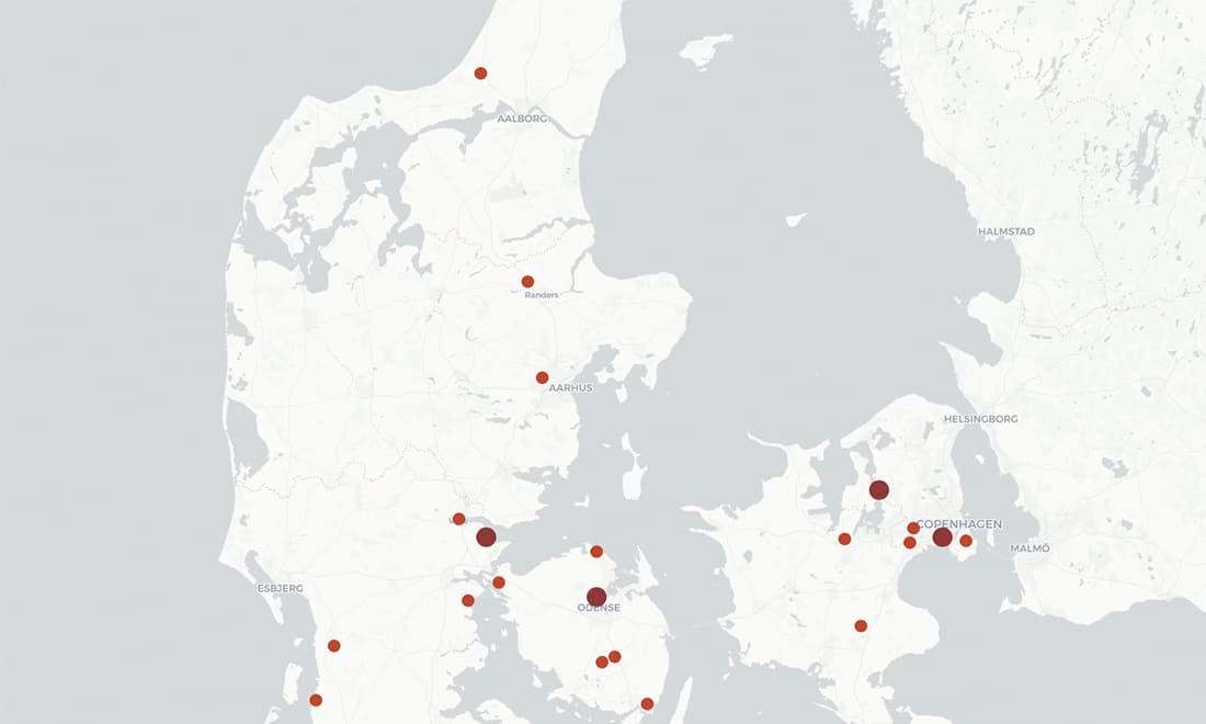Kortet viser, hvor vandselskaberne har fundet DMS direkte i sit afgangsvand til forbrugerne eller i deres indvindingsboringer. Kilde: Kommunen.dks kortlægning af vandselskaberne.